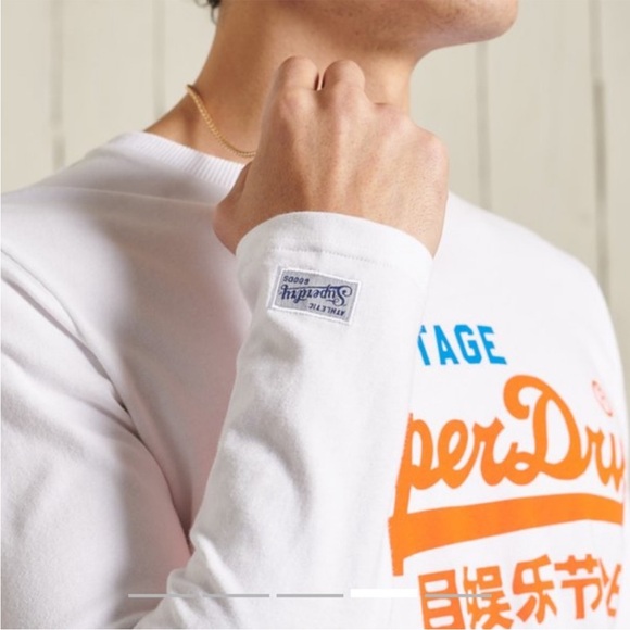 SuperDry White & Orange Graphic Long Sleeve Crewneck Cotton Tee - Size Medium - Picture 2 of 16